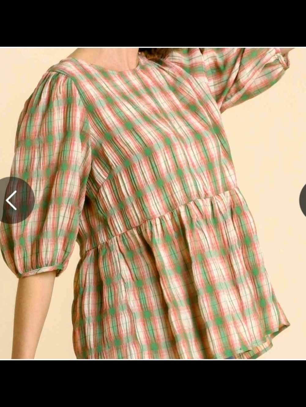 Umgee Pink and Green Plaid Peplum Puff-Sleeve Tunic Sz S